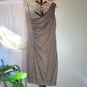 Lauren Ralph Lauren Metallic Asymmetrical Ruched Cocktail Holiday Dress Size 10
